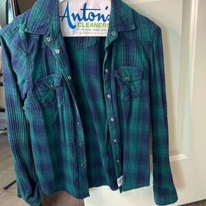 Green and blue/green flannel. Tommy Hilfiger. Size Small + Petite. 100% cotton.